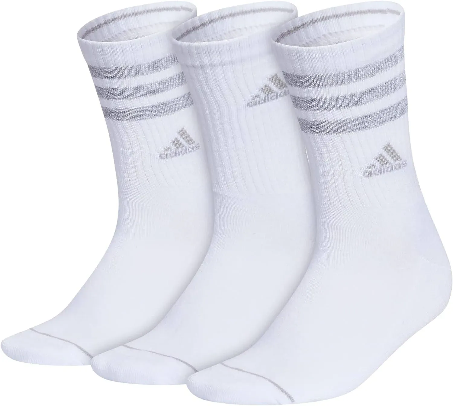 Adidas Women's Cushioned 3-Stripe 3.0 3-Pack Crew Socks, White/Clear Onix Grey / M