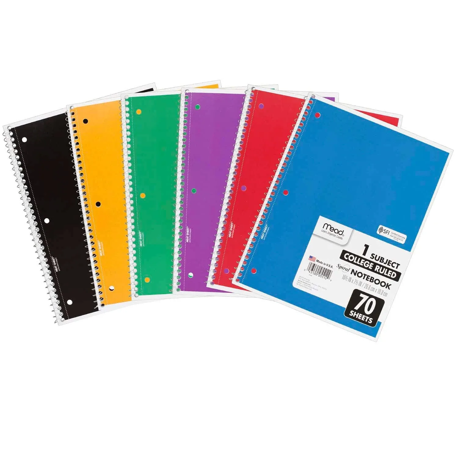 Mead 1-Subject Notebooks, 8" x 10.5", College Ruled, 70 Sheets, Assorted Colors, 6/Bundle (MEA05512-6)