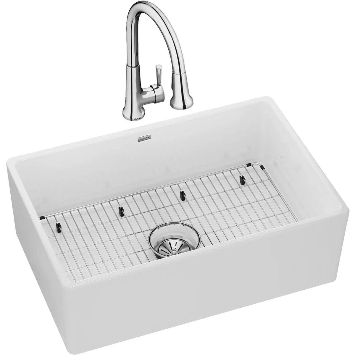 30"X19-15/16"X9-1/8", Sgl Bowl Farmhouse Sink Kit W/ Faucet, White