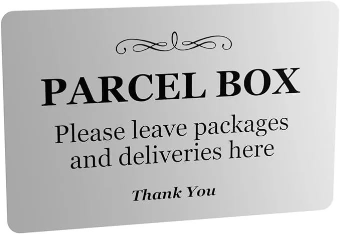 Parcel Box Sign Adhesive Sticker Notice, Silver engraved with Universal Icon Symbol and Text (Size 5" x 4")