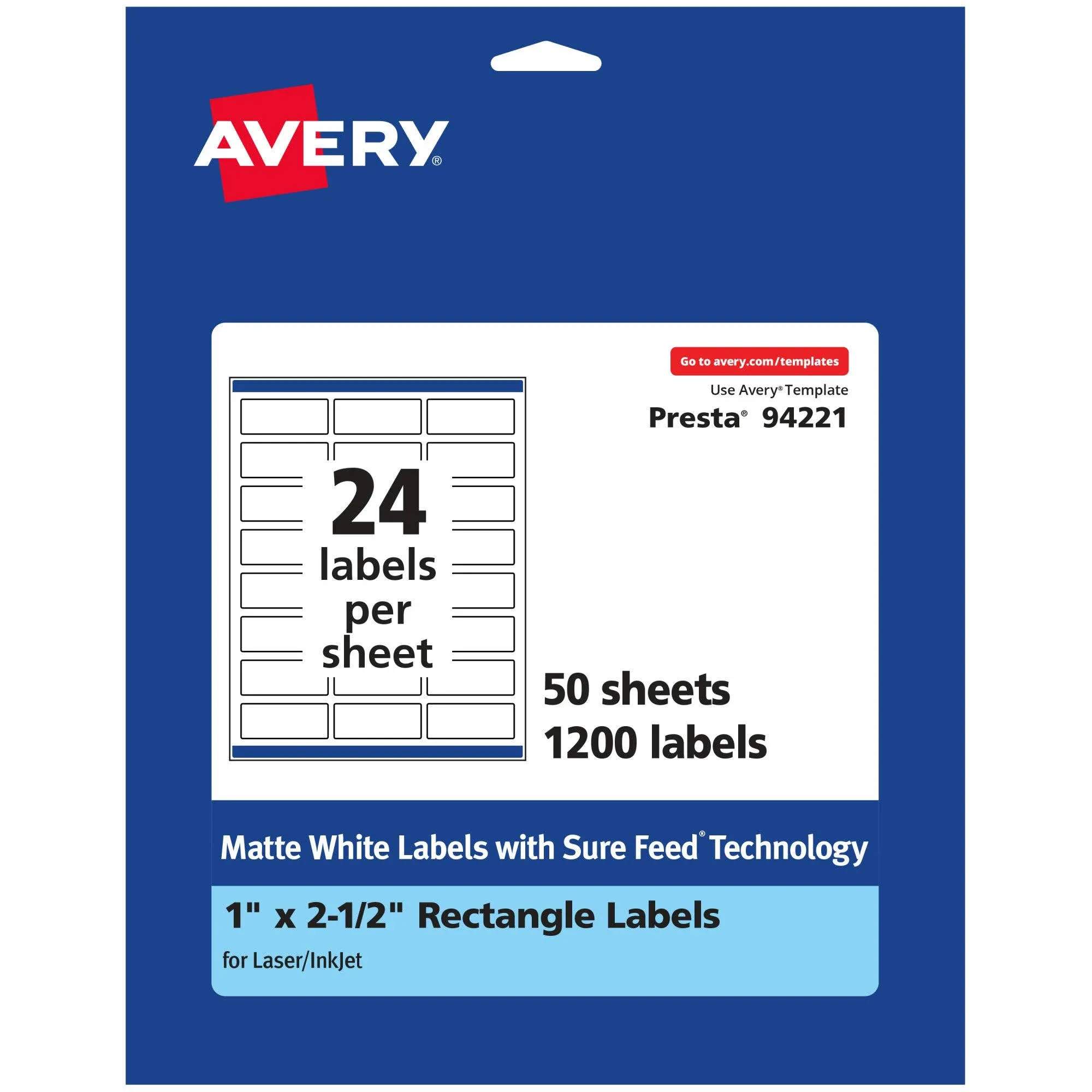 Avery Matte White Rectangle Labels with Sure Feed, 1" x 2.5", 6,000 Matte White Printable Labels