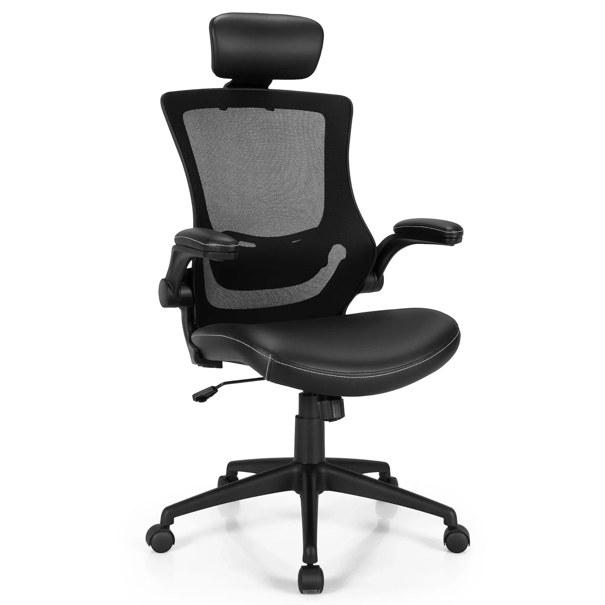 COSTWAY Mesh Back Adjustable Swivel Office Chair W/ Flip Up Arms Leather Seat