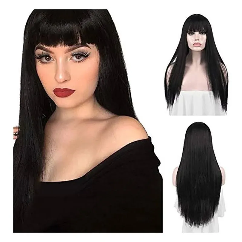 Sofeiyan 26 inches Long Straight Wig with Bangs off Black Synthetic Hair Replacement Wigs Heat Resistant Full Wig for Women Girls