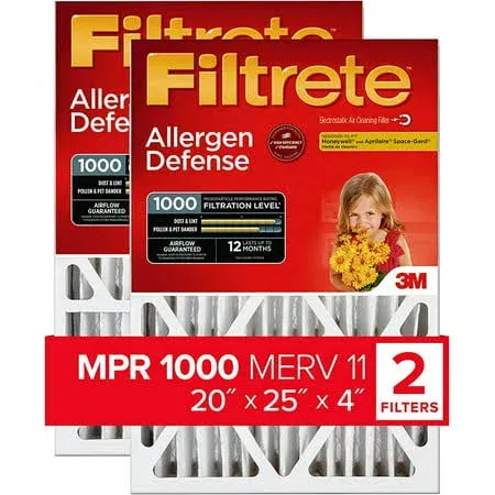 Filtrete 20x20x4 Air Filter, MPR 1000, MERV 11, Allergen Defense 12-Month Deep Pleated 4-Inch Air Filters, 2 Filters