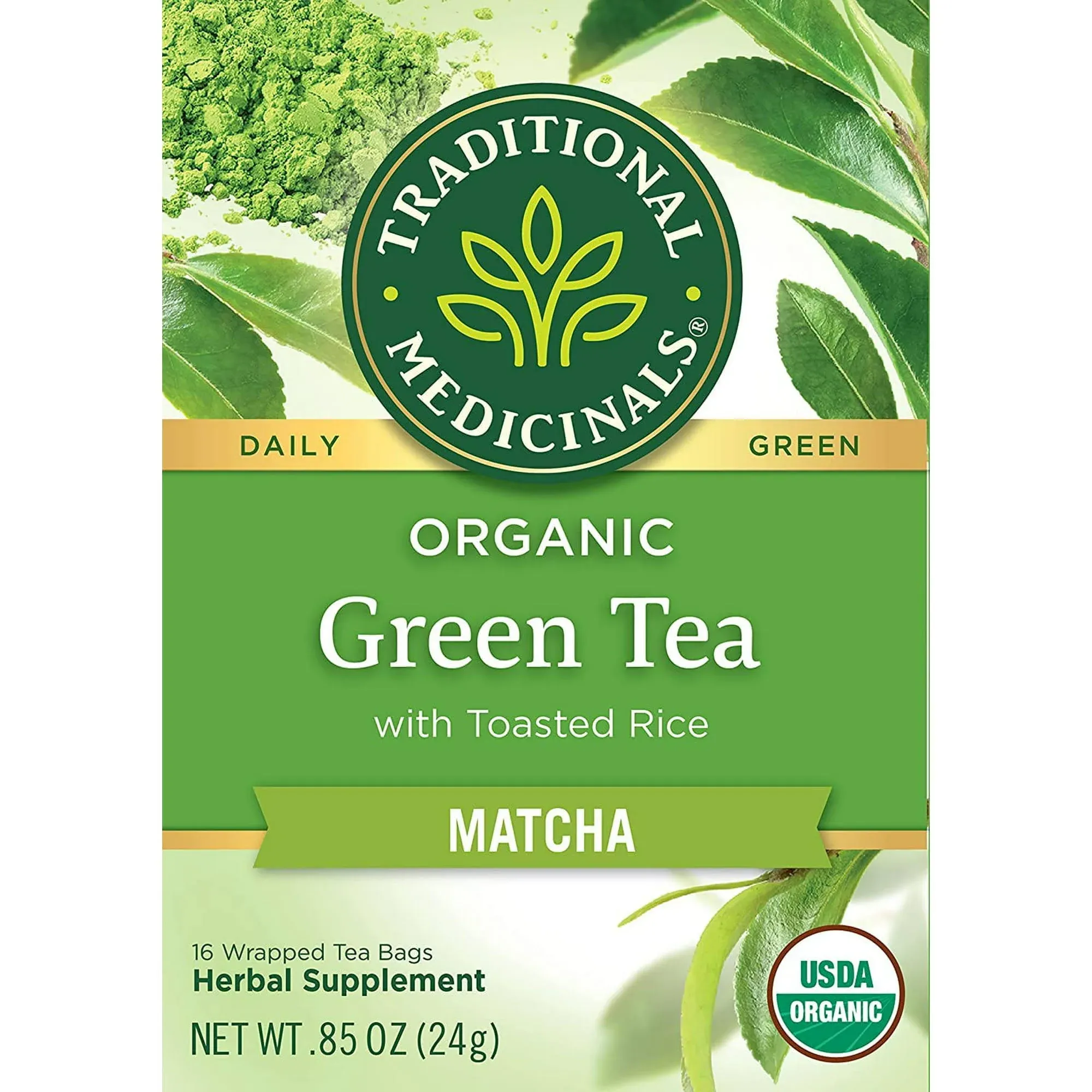 Traditional Medicinals Tea, Organic Green Tea Matcha, Genmaicha, Supports Health, 16 Tea Bags (6 Pack)