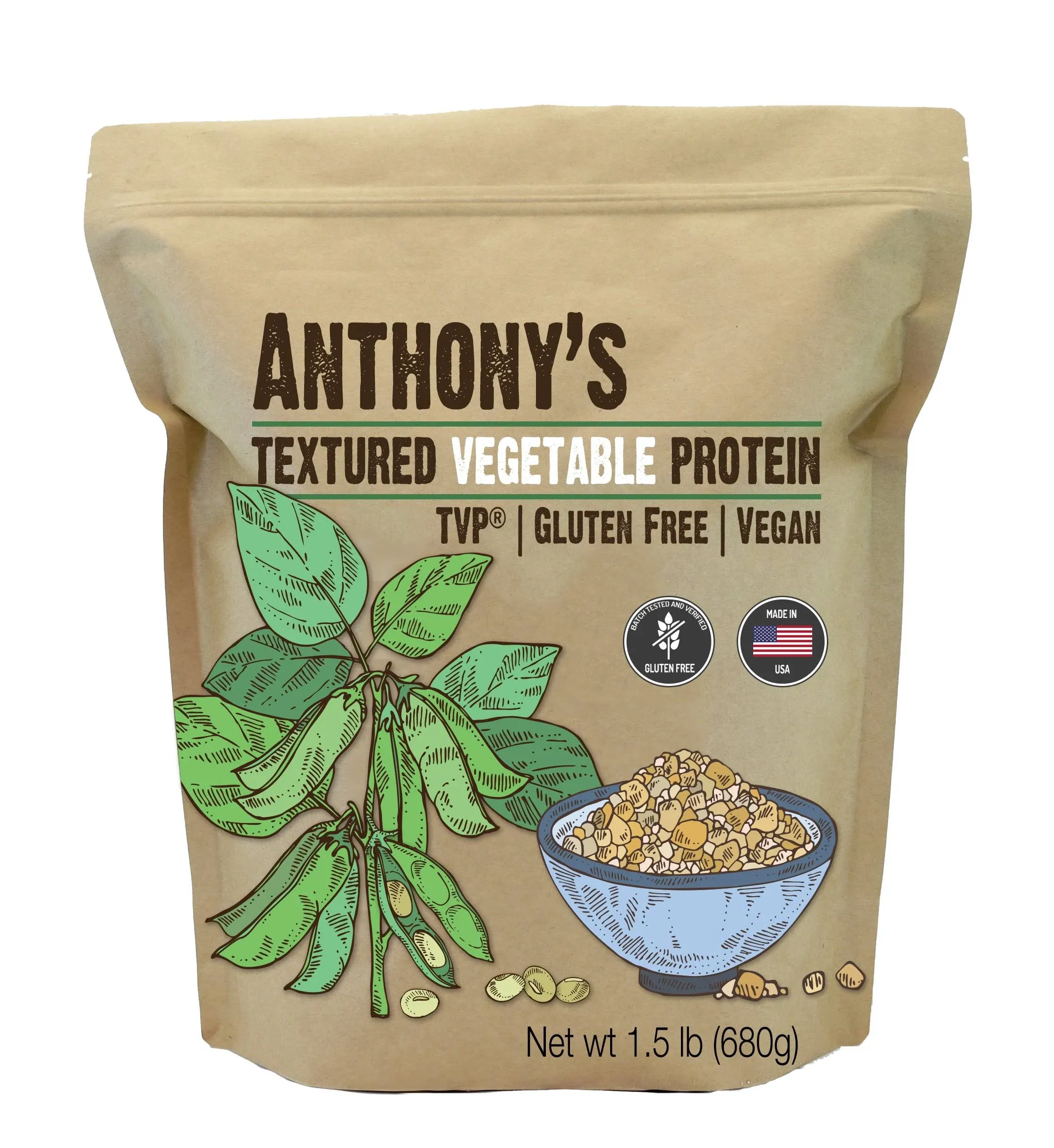 Anthony&#039;s Textured Vegetable Protein, TVP, 1.5 lb, Gluten Free, Vegan, Made in U