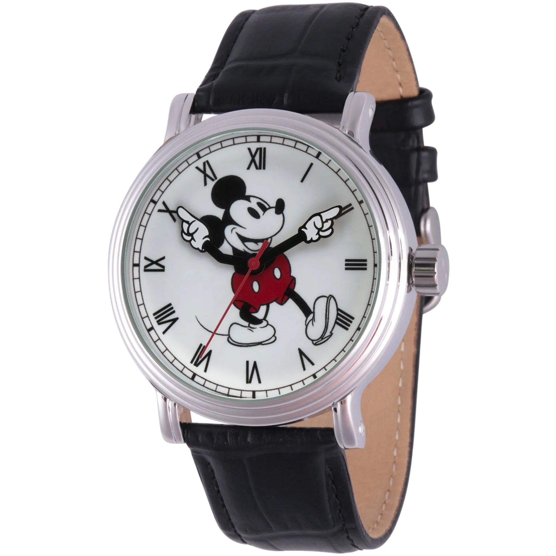 Mickey Mouse Men's Silver Vintage Alloy Watch, Black Leather Strap