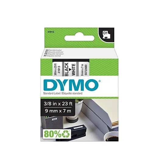 DYMO® D1 High-Performance Polyester Removable Label Tape, 0.37" x 23 ft, Black on White (DYM41913)