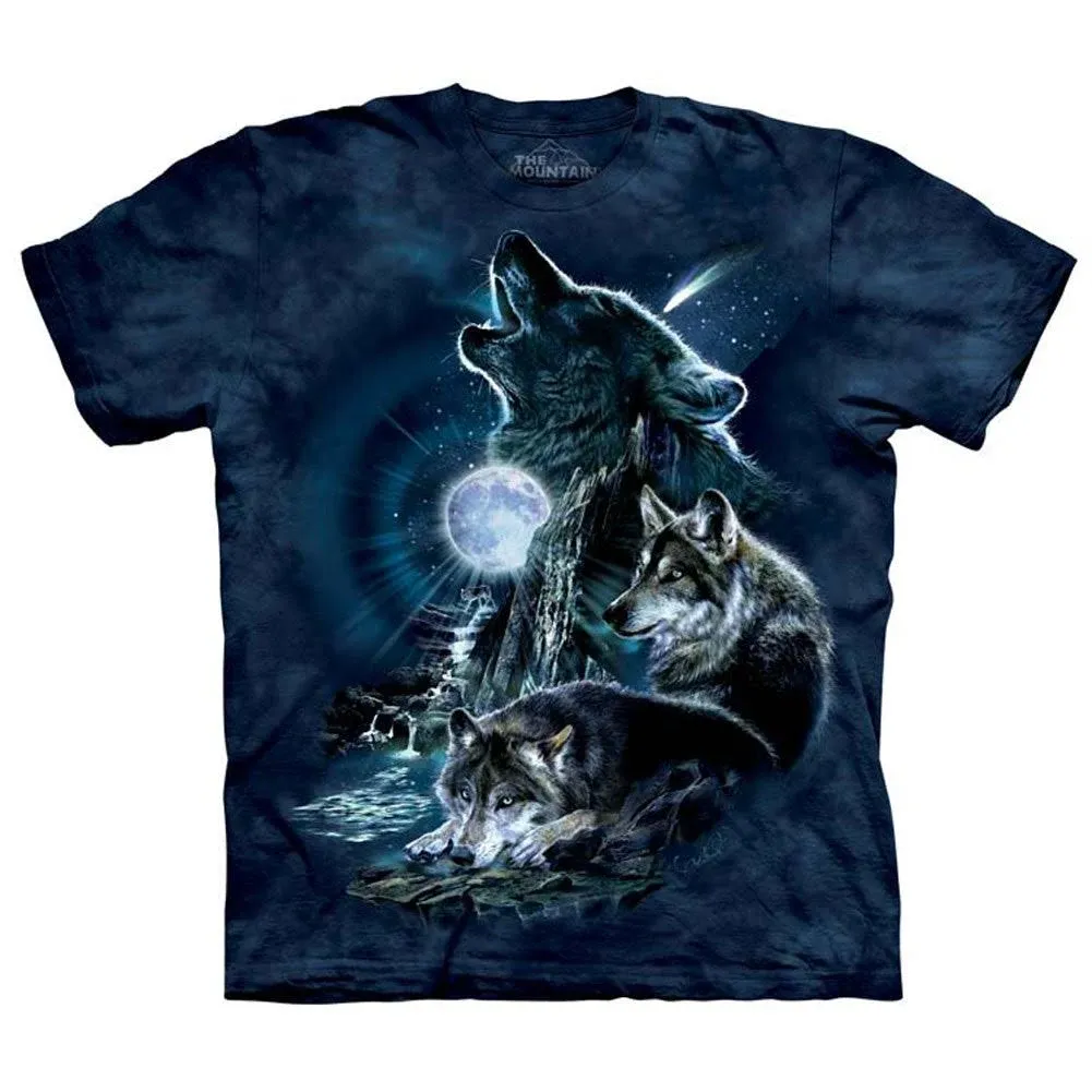 The Mountain Wolf Family Howling Bark at Moon Wolves Dog Blue Shirt Adult S-3X