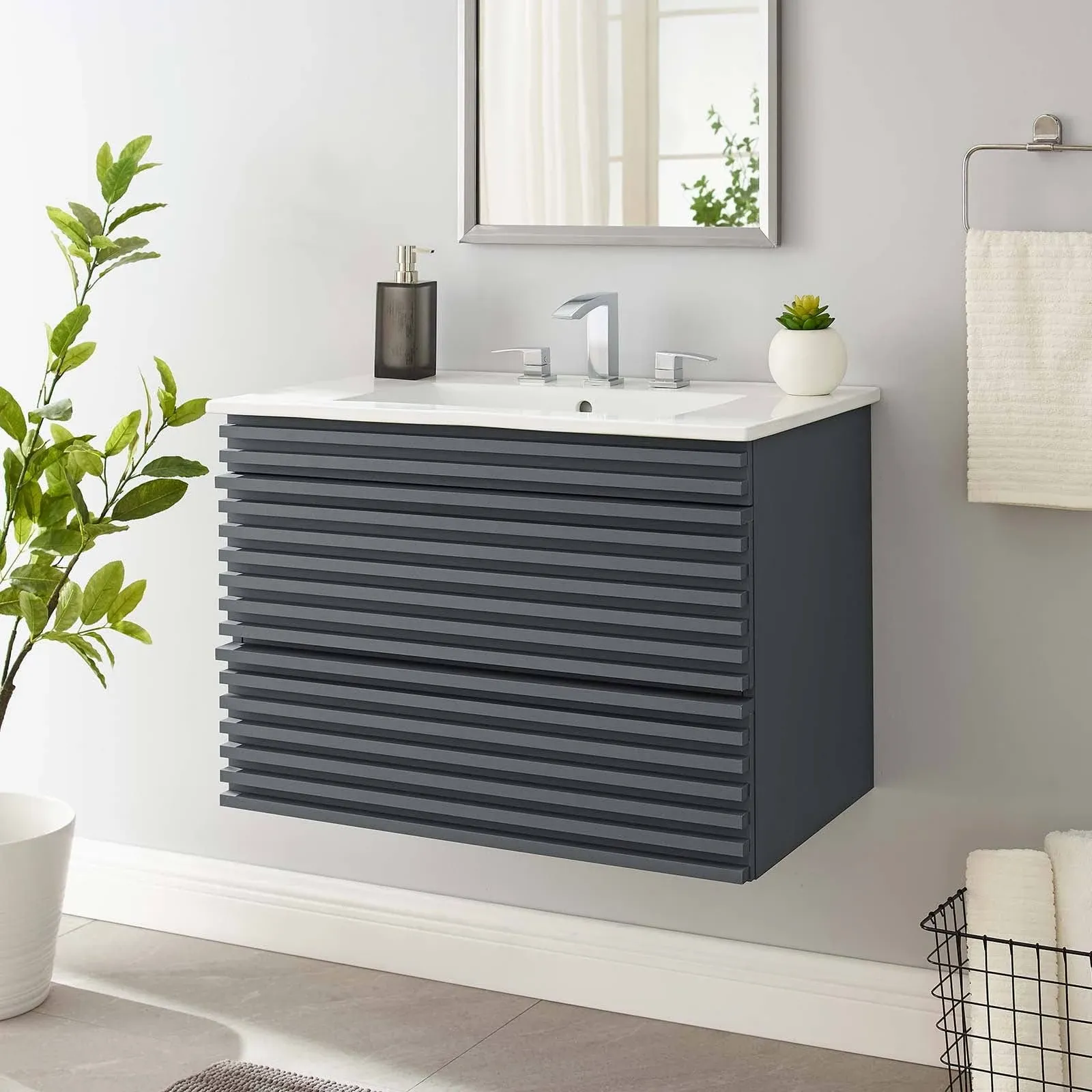 Modway Render 30" Wall-Mount Bathroom Vanity in Gray White