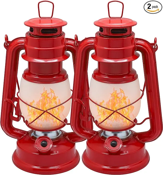 YAKii LED Vintage Flame Lantern Metal Outdoor Hanging Lantern with Dancing Flame Battery Operated Halloween Outdoor Indoor Decoration(Red Pack of 2)