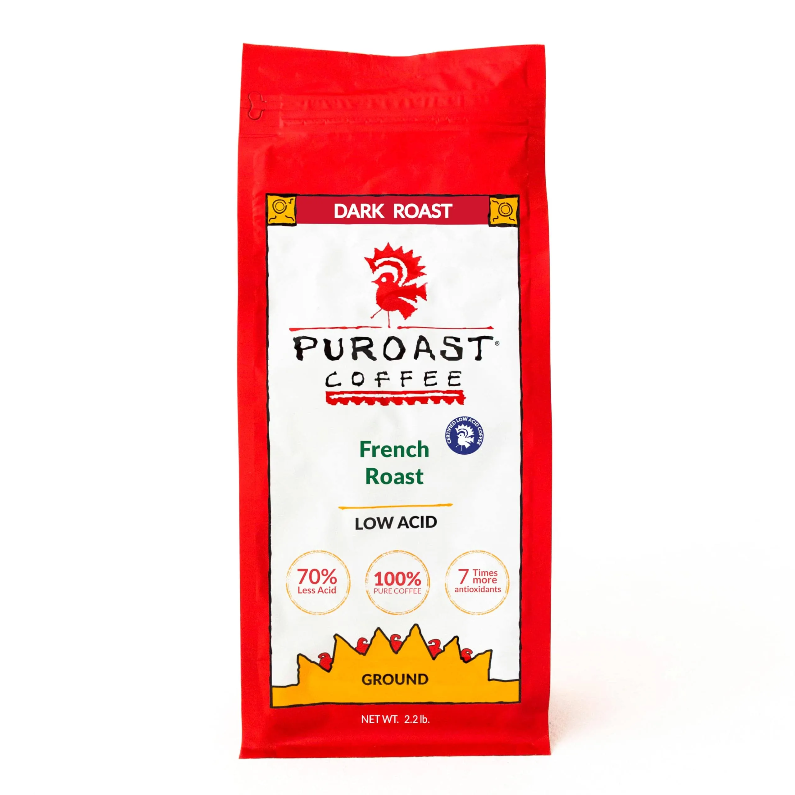 Puroast Low Acid Coffee , Ground Coffee , French Roast , Dark Roast , Certified Low Acid Coffee , pH 5.5+ , Gut Health , 2.2 LB , Higher Antioxidant , Smooth for Espresso, Cold Brew & Iced Coffee