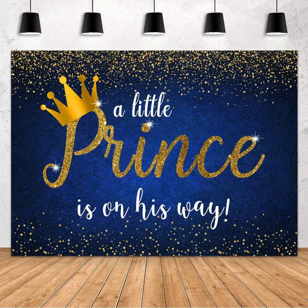 MOHOFOND Prince Baby Shower Decoration Backdrop Royal Blue Gold Crown for Boy Baby Shower Party Photography Background A Little Prince is On His Way Banner Cake Table Studio Photo Props Vinyl 7x5ft