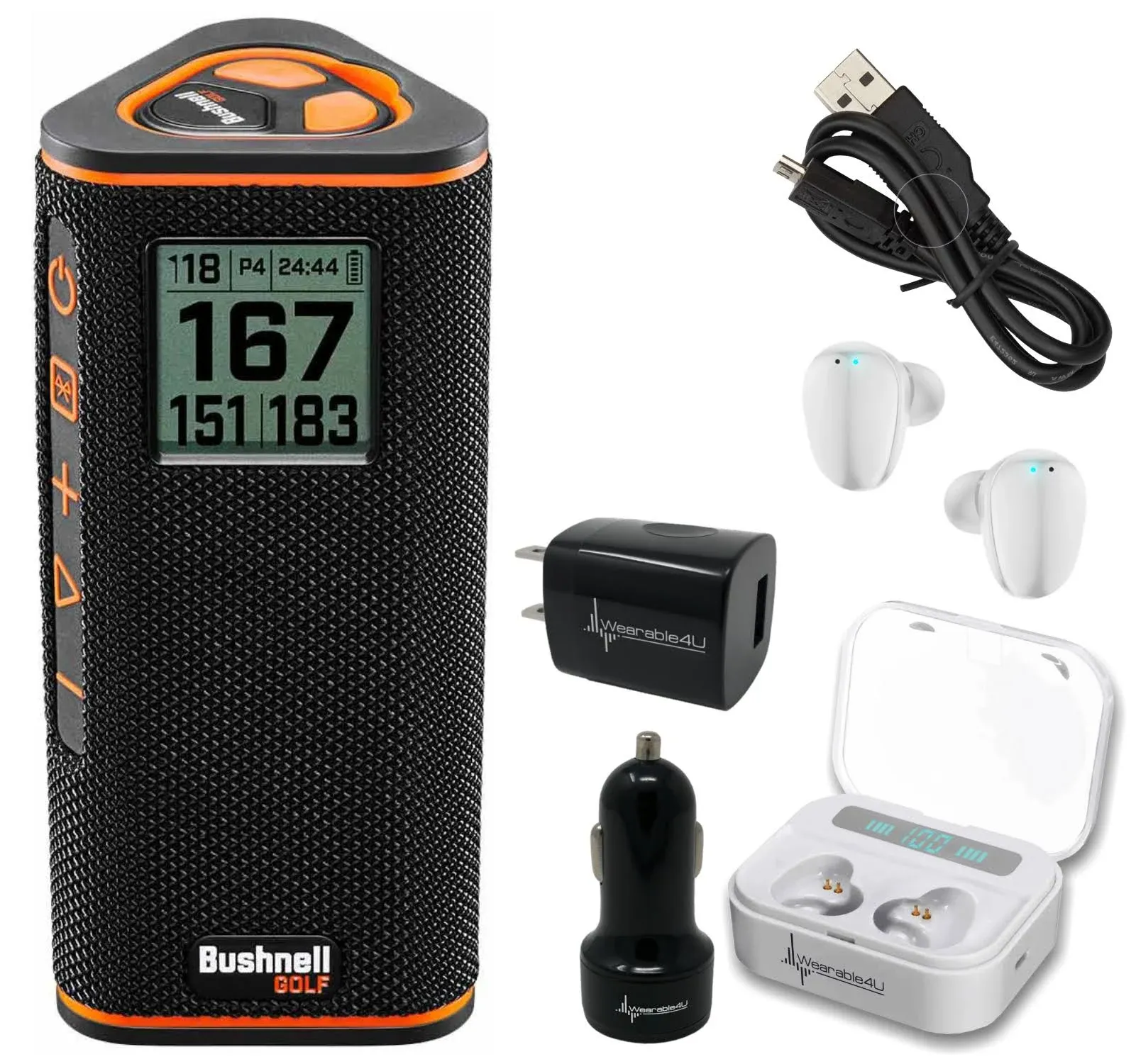 Bushnell Wingman View Golf GPS Bluetooth Speaker with Wearable4U Ultimate Earbuds and Wall and Car Chargers Bundle +White EarBuds+Chargers