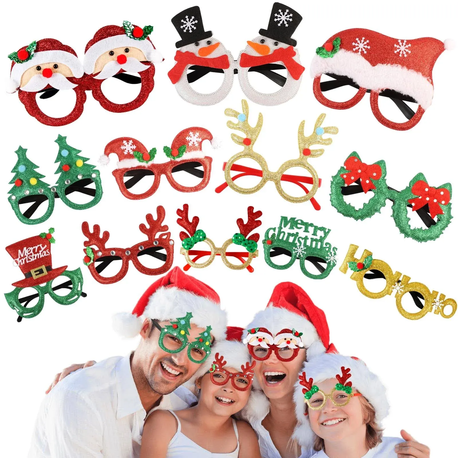 12pcs Christmas Glasses, Glitter Frame Glasses Christmas Photo Booth Props for ...