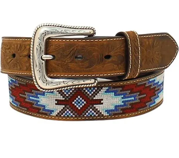 Nocona Beaded Leather Belt Southwestern Aztec Silver Weave Men 42 in