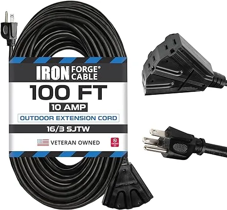 Iron Forge Cable 3 Outlet Outdoor Extension Cord 100 ft, SJTW Weatherproof 16 Gauge Black Extension Cord with Multiple Outlets 3 Prong, Long Exterior Power Cable for Outdoor Lights, Lawn & Landscaping