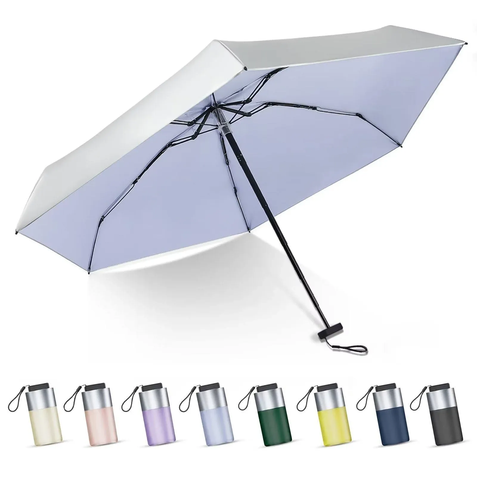 LEAGERA Mini Umbrella For Purse - UPF 50+ UV Blocker Umbrella, Silver&amp;Blue 