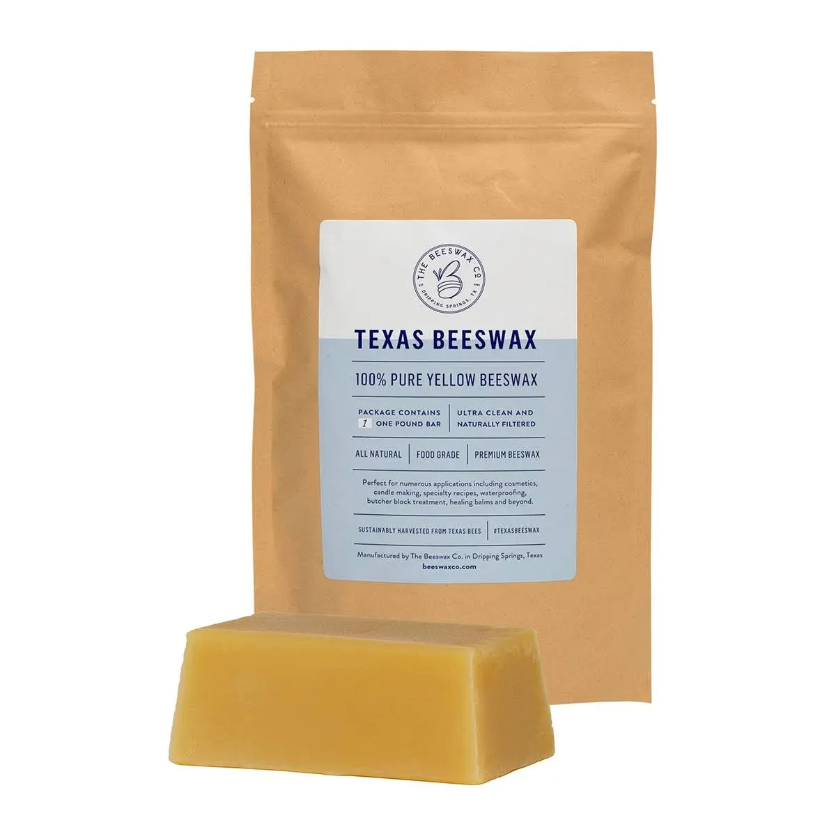 The Beeswax Co Pure Texas Beeswax Block - Ultra Clean - Naturally Filtered & Honey Scented - Premium Food Grade Yellow Beeswax For Candles, Butcher Blocks, Etc - Organic Bees Wax Bars - 1lb