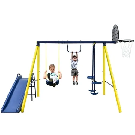 SYNGAR Swing Set for Kids Outdoor Swing Set with Heavy Duty Metal Frame 5-in-1 Backyard Swing Set with Single Swing Horizontal Bar Seesaw Swing Slide and Basketball Hoop Max 600 lbs D5928