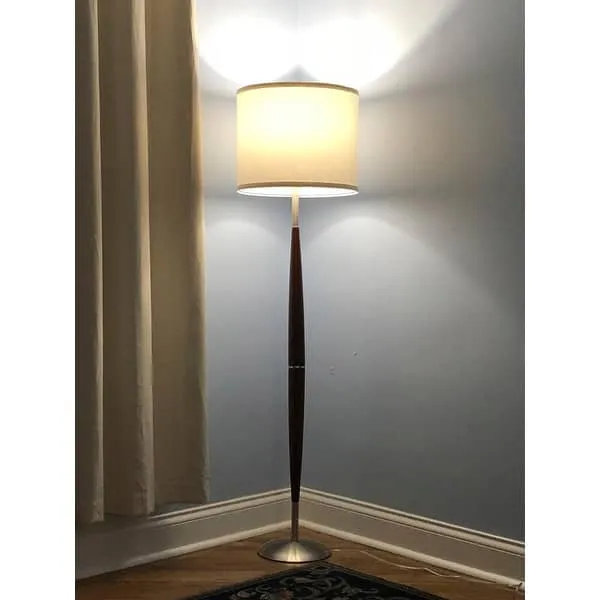 Brightech Lucas 61 in. Walnut Brown Mid-Century Modern LED Super Bright Floor Lamp with White Fabric Drum Shade