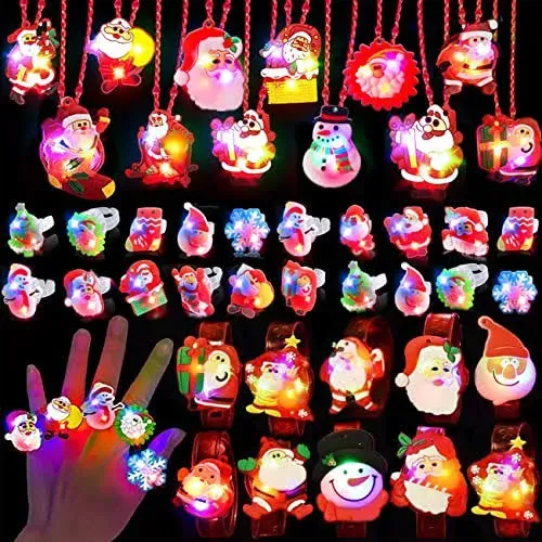 Atonofun Christmas Party Favors for Kids Light Up Christmas gift Flash Rings Necklaces Bracelets 42 Pack Christmas LED Toys Necklaces Bracelets Rings Glow