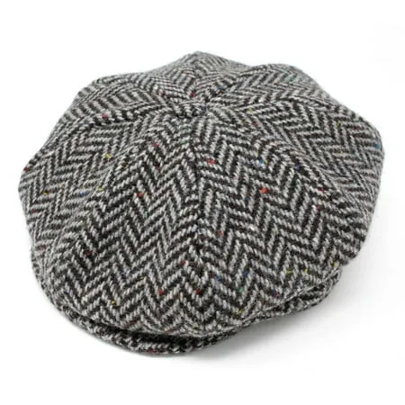 Hanna Hats Irish Newsboy Cap Donegal Tweed 8 Piece 100% Wool Hat for Men Made in Ireland | Granite Gray Herringbone