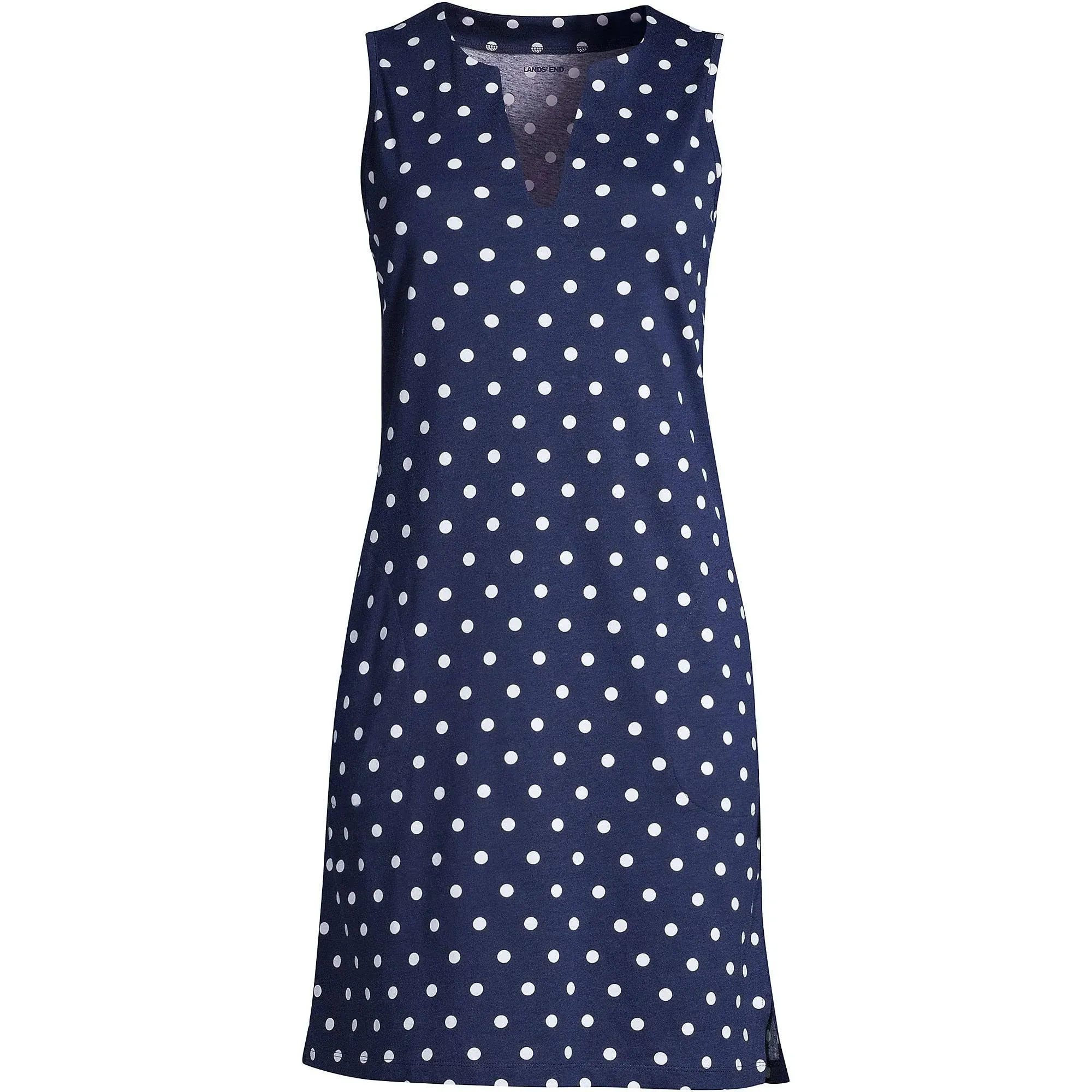 NWT Lands End Womens Navy Polka Dot Cotton Jersey Sleeveless Swim Cover M MEDIUM