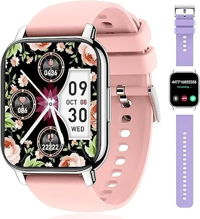 Popglory Smart Watch Call Receive/Dial, 1.85'' Smartwatch with AI Voice Control, Blood Pressure/SpO2/Heart Rate Monitor, Fitness Tracker Watch with 2 Straps for Men & Women iOS & Android Phones