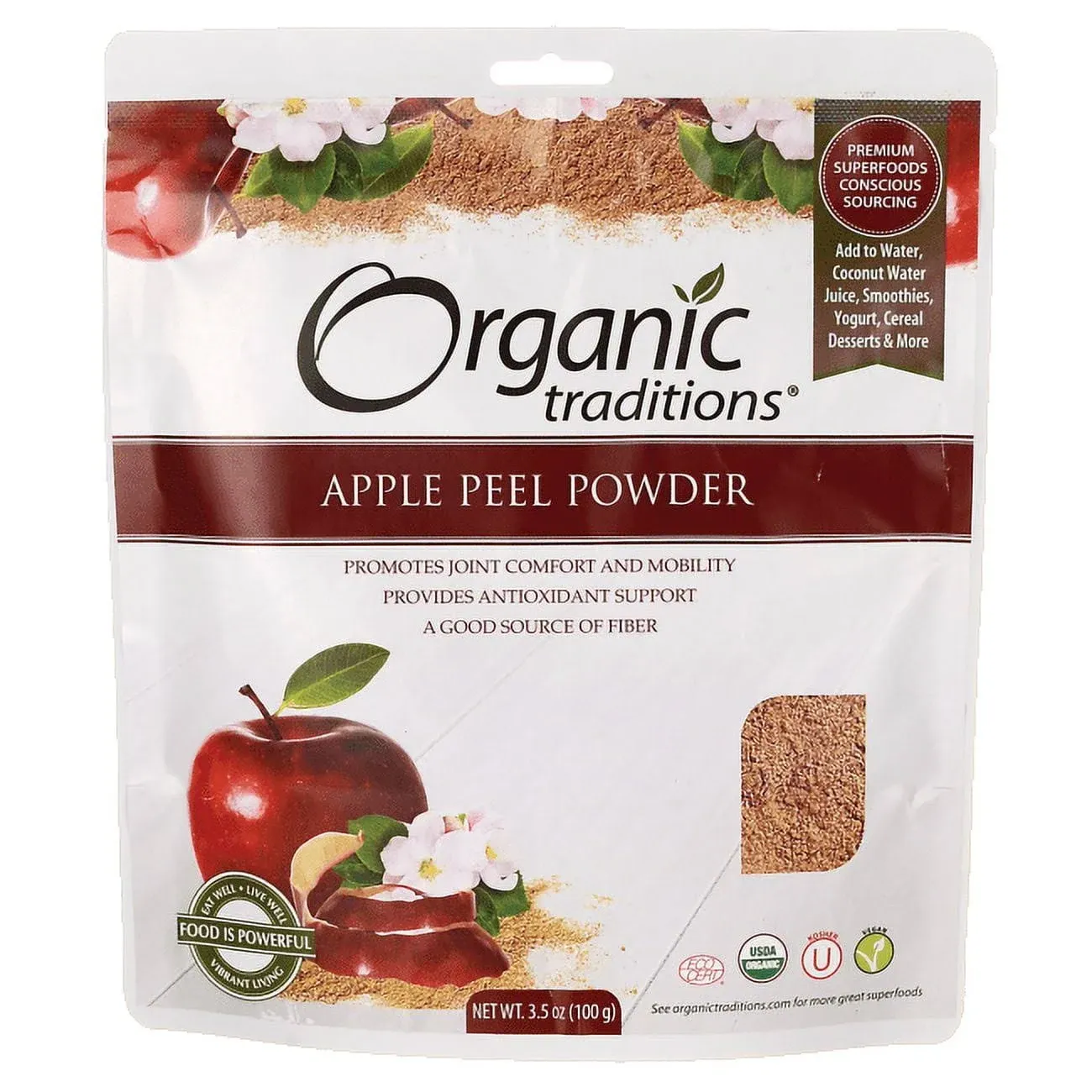 Organic Traditions Organic Apple Peel Powder Organic Apple Powder, Vegan Non-GMO Powdered Fruit, 3.5oz (100g)