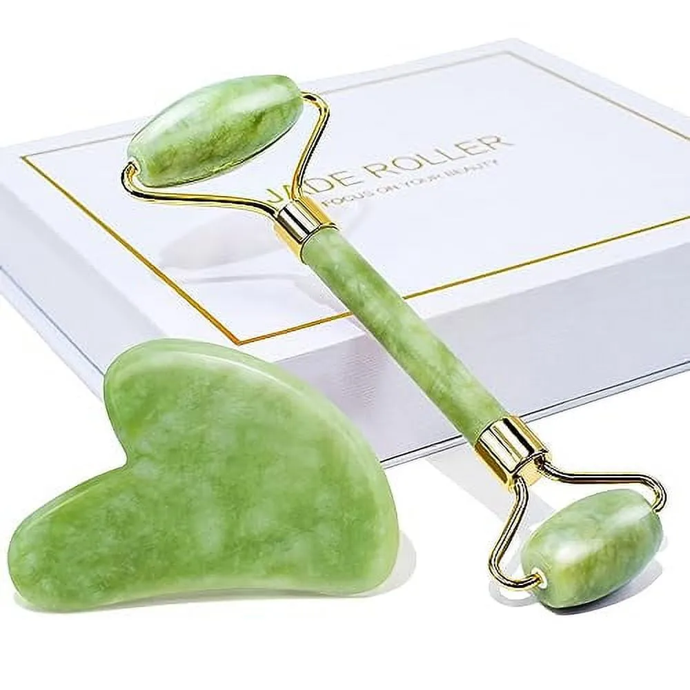 BAIMEI Jade Roller & Gua Sha, Face Roller, Facial Beauty Roller Skin Care Tools, Self Care Gift for Men Women, Massager for Face, Eyes, Neck, Relieve Fine Lines and Wrinkles - Green