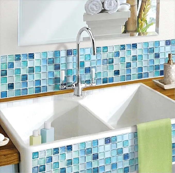 BEAUSTILE Decorative Tile Stickers Peel and Stick Backsplash Fire Retardant Tile Sheet (2pcs) (R, N.Blue)