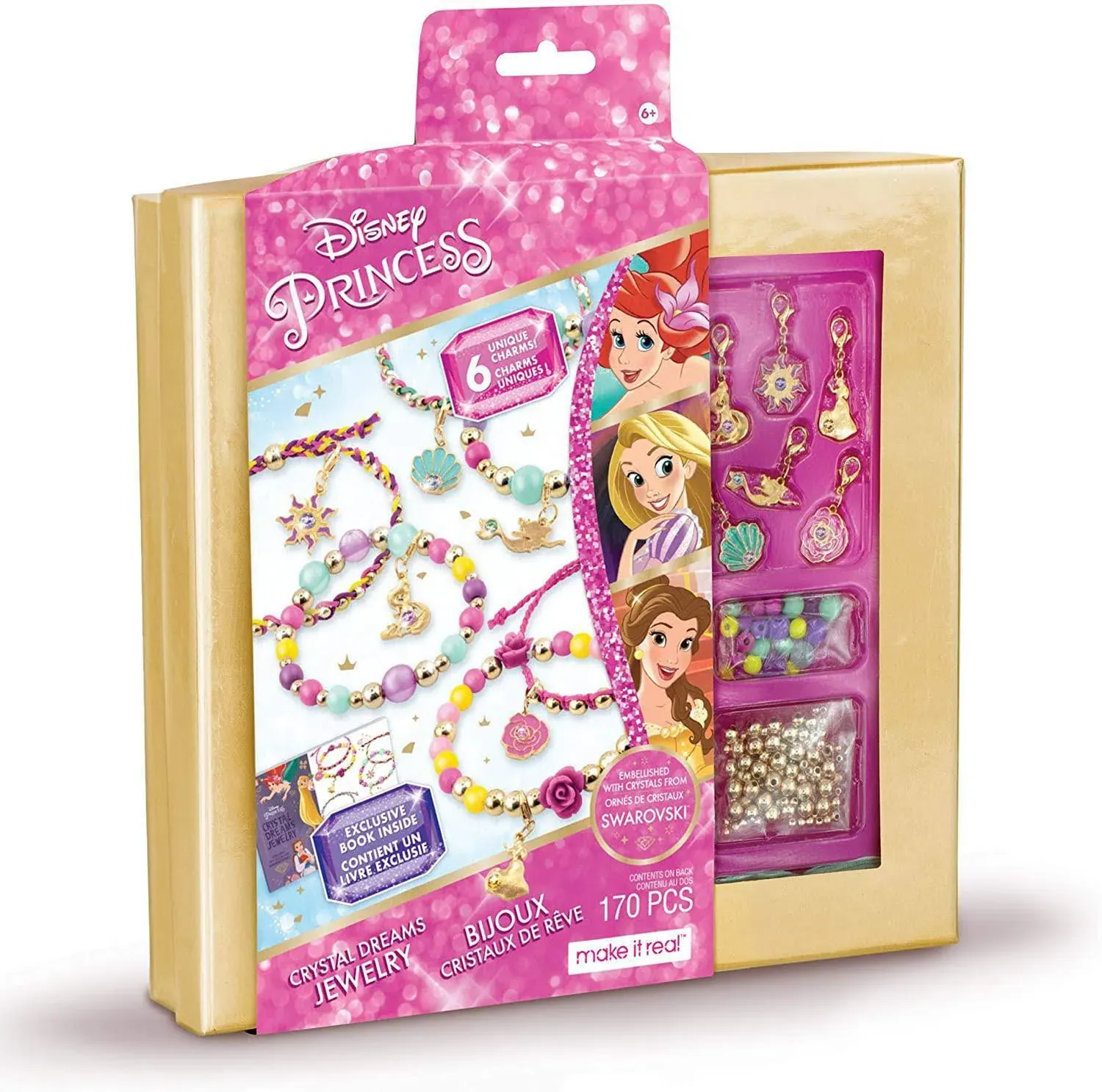 Make It Real Disney Princess Crystal Dreams Jewelry Kit - DIY Bead & Charm Bracelet Set with Swarovski Crystals, Includes Supplies & Exclusive Princess Book - Create 6 Bracelets, Ages 8