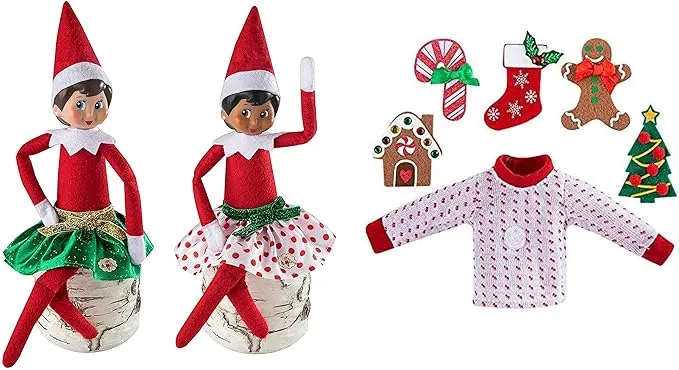 The Elf on the Shelf Outfit Value Pack - 2 Festive Skirts and DIY Ugly Sweater Set with 6 Interchangeable Velcro Christmas Designs - Surprise Your Kids with New X-Mas Clothes Every Day