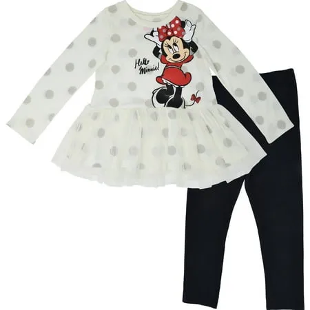 Disney Minnie Mouse Little Girls T-Shirt and Leggings Outfit Set Polka Dots White/Black 7-8, Girl's