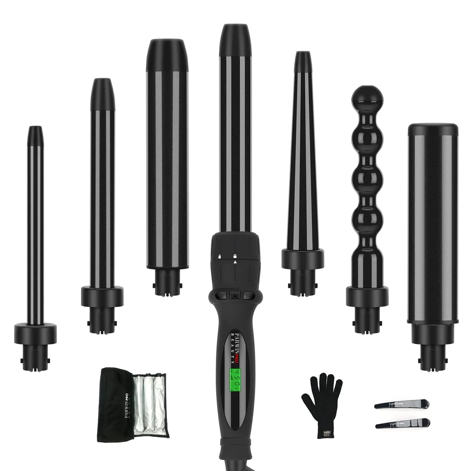 Curling Iron, Parwin Pro 7 in 1 Curling Wand Set with 7 Interchangeable Barrels