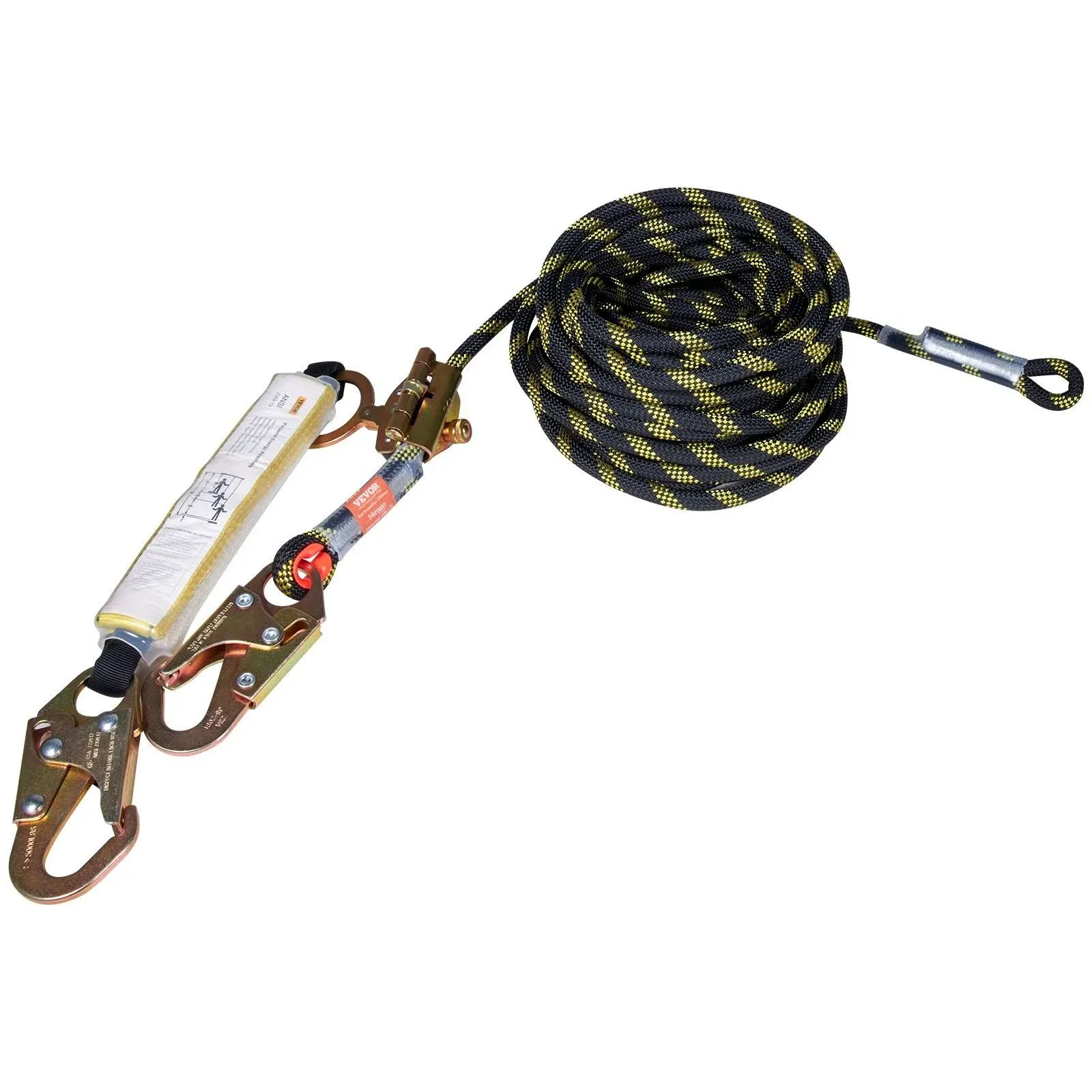 VEVOR Vertical Lifeline Assembly, 0.55'' x 50' Fall Protection Rope with 30 KN Breaking Tension, Polyester Roofing Rope with Steel Snap Hooks, Rope Grab, and Shock Absorber, ANSI Compliant  | VEVOR US