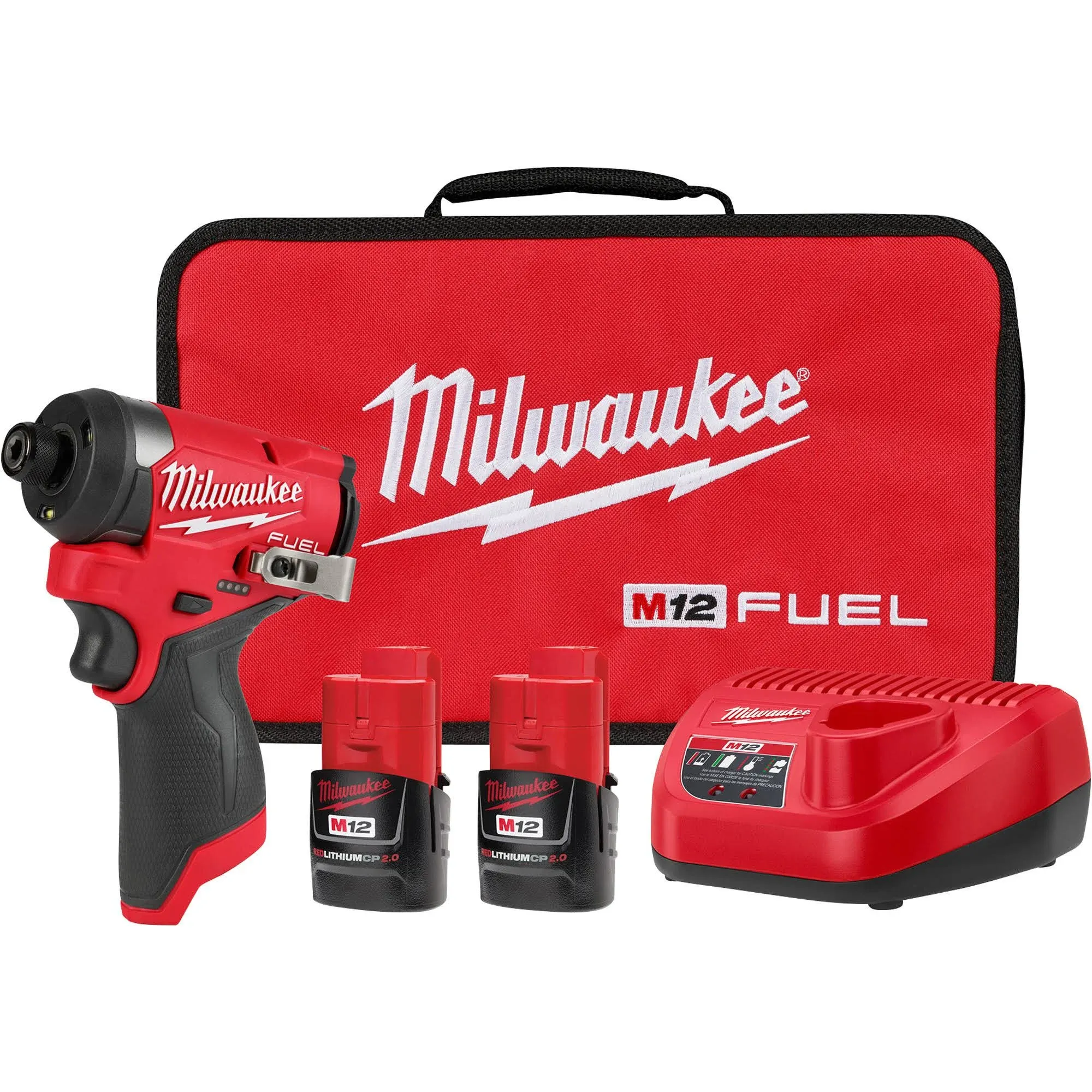 Milwaukee 3453-22 12 V Kraftstoff 1/4 Zoll Akku-Sechskant-Schlagschrauber-Set mit (2) 2,0 Ah Lithium-Ionen-Akkus, Ladegerät und Werkzeugtasche