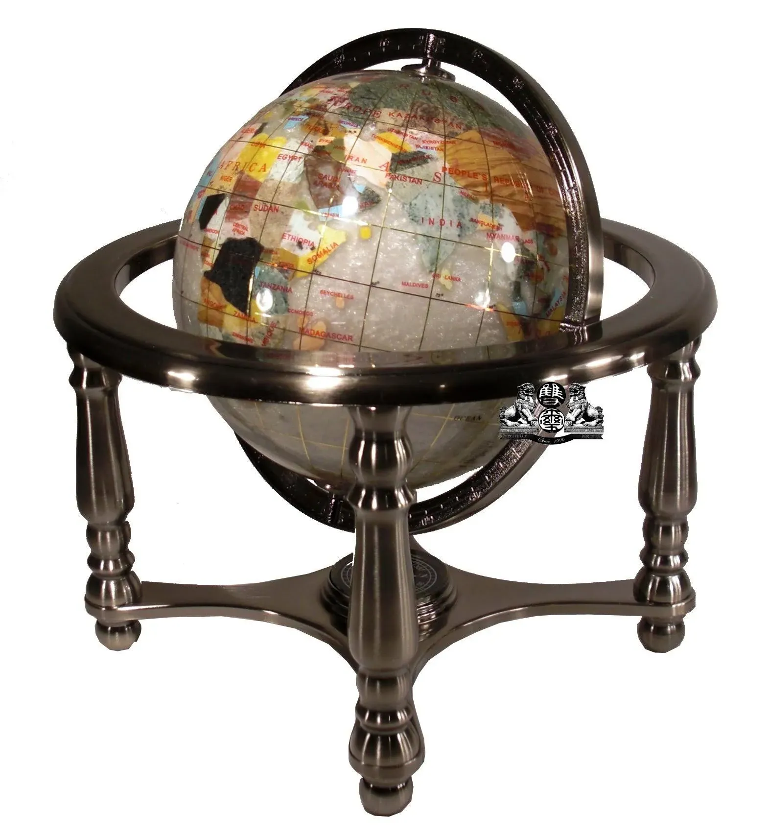 10&#034; Tall Pearl Swirl Ocean Gemstone World map snow Globe with 4 Leg Silver Stand