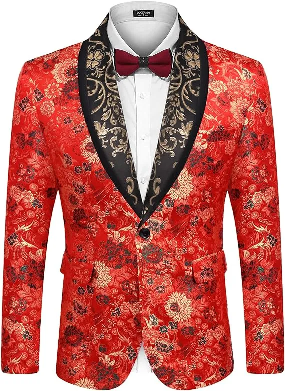 COOFANDY Men's Floral Suit Jacket Shawl Lapel Slim Fit Stylish Blazer Dress Suit Prom Party Wedding Blazer