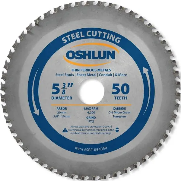 Oshlun SBF-054050 5-3/8-Inch 50 Tooth FTG Saw Blade with 20mm Arbor (5/8-Inch and 10mm Bushings) for Thin Mild Steel and Ferrous Metals