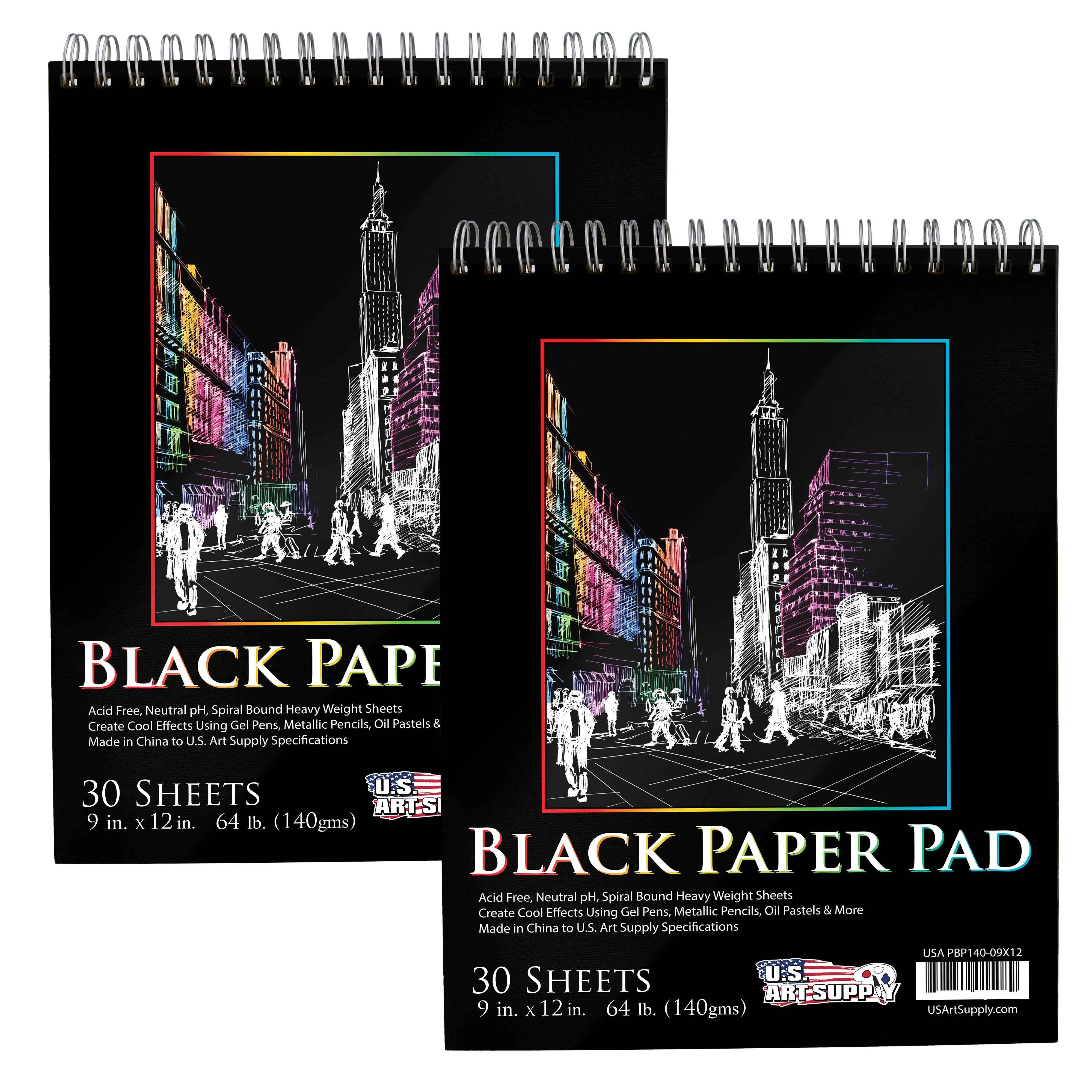 U.S. Art Supply 9" x 12" Premium Black Heavyweight Paper Sketch Pad, Pack of 2, 30 Sheets Each, 64lb (140gsm) - Spiral Bound Artist Drawing Paper - Colored Pencils, Gel Pens, Oil Pastels, Charcoal Ink