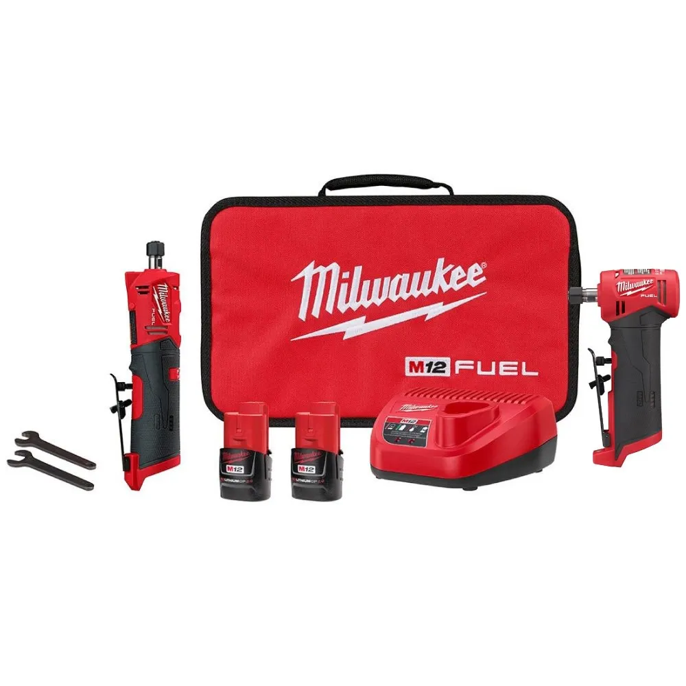 Milwaukee 2486-22-2415-20 M12 Fuel 12V Lithium-Ion 1/4 in. Cordless Straight Die Grinder Kit w/M12 3/8 in. Right Angle Drill