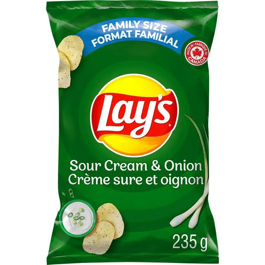 Lays Sour Cream & Onion Potato Chips Family Bag, 235g/8.2oz (Shipped from Canada)