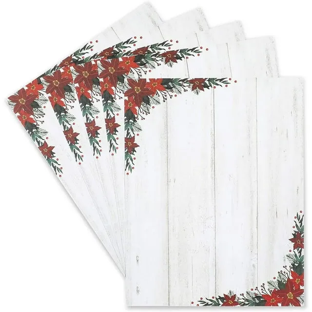 Pipilo Press 100 Sheets Poinsettia Flower Christmas Stationery Paper for Writing Letters, 8.5x11 Printer Friendly Festive Holiday Stationary to Make Personalized Greetings for Friends and Family