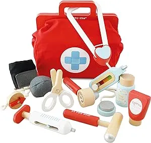 Le Toy Van - Kids Wooden Educational Pretend Play Honeybake Doctor's Medical Play Set Kit | Kids Pretend Play Role Play For Boys And Girls | 3 Year Old +, 8.66" x 5.70" x 5.90" (TV292), Red