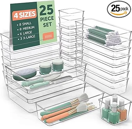 Schubladen-Organizer-Set aus transparentem Kunststoff, 4 Größen, transparente Schubladen-Organizer und Aufbewahrungsbehälter für Make-up, Schmuck, Schminktisch, Küchenhelfer oder Bürotisch,