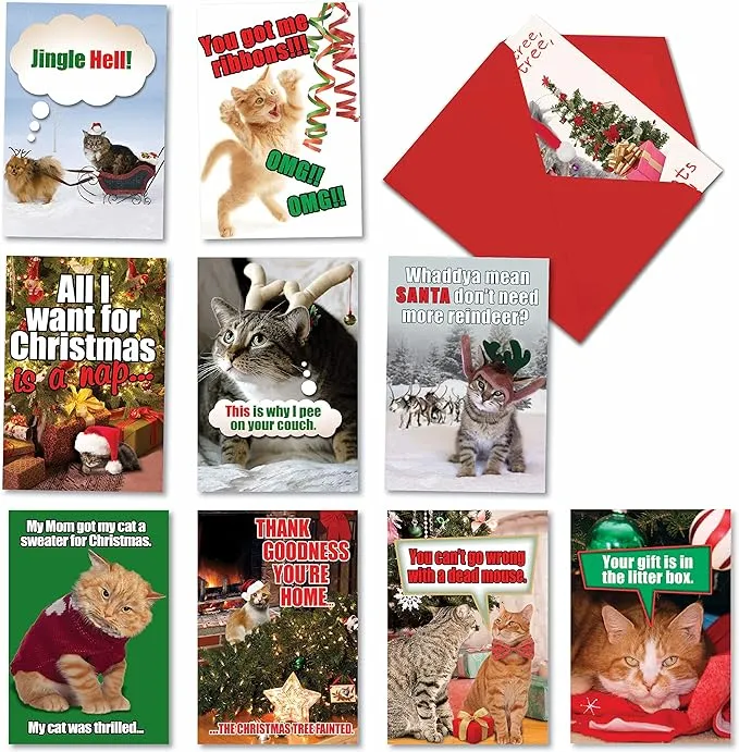 NobleWorks Variety Pack of 10 Christmas Greeting Cards with Envelopes, Cartoon, Humor Holiday Assortment for Men and Women - Petigreet Cats A5559XSG-B1x10