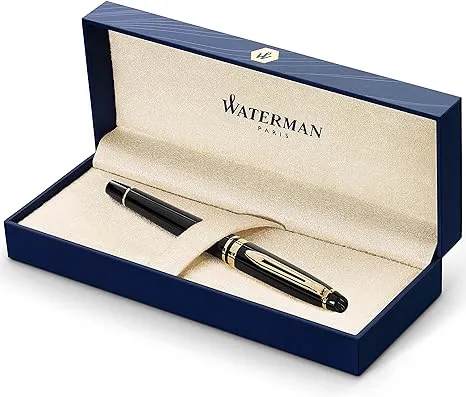 Waterman Expert Fountain Pen Gloss Black with 23K Gold Trim Medium Nib Gift Box