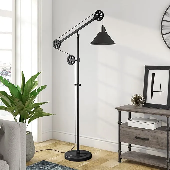 Descartes Industrial Farmhouse Floor Lamp in Blackened Bronze with Pulley System